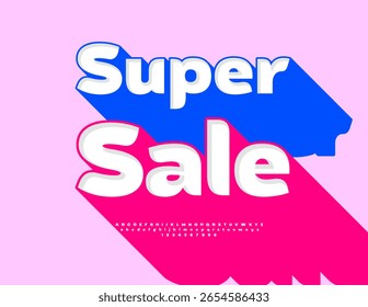 Vector Bright Advertisement Super Sale. Trendy Font with Big Pink Shadow. Awesome Alphabet Letters and Numbers
