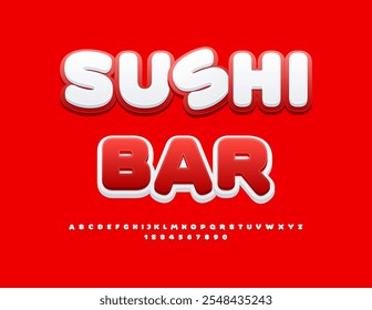 Vetor brilhante anúncio Sushi Bar. Fontes artísticas brancas e vermelhas. Letras e Números do Alfabeto 3D Maiúsculos.