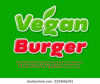 Anuncio Vector brillante Vegan Burger. Fuentes rojas negrita. Letras y números de alfabeto brillante