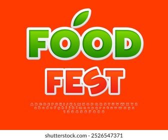 Vector bright advertising Food Fest. Red sticker Font. Creative Alphabet Letters and Numbers set.