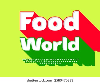 Vector Bright Advertising Food World. Elegant Font with Big Green Shadow. Digital Isometric Alphabet Letters and Numbers