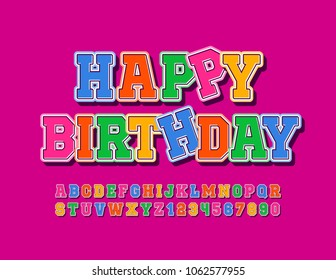 Vector Bright Artistic Greeting Card. School Children Font. Playful bright Alphabet Letters, Numbers and Symbols