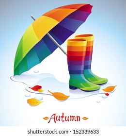Vector bright autumn background - rainbow boots, umbrella and leaves