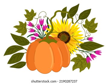 Vector bright autumn bouquet with pumpkin, sunflower anf small pink bells. Isolated on white background.