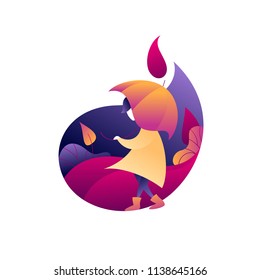 Vector bright autumn flat illustration witn person and umbrella. 