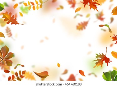 Vector bright autumn leaves fall down. Nature horizontal backdrop. Blurred background. 