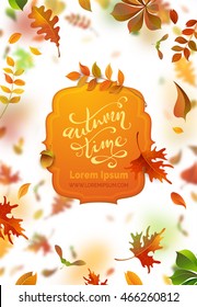 Vector Bright Autumn Leaves Fall Down. A Lot Of Colourful Leaves On White Background. Nature Vertical Banner. Blurred Background. Badge With Text. Oak, Rowan, Maple And Chestnut Leaves.