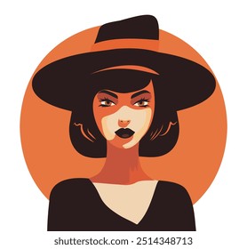 Vector bright avatar in Halloween style, portrait of a witch girl with a bob haircut in a hat