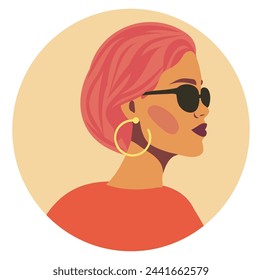 Vector bright avatar portrait of a woman girl with glasses pink hair, feminism, Concept of the movement for gender equality and protection of women's rights