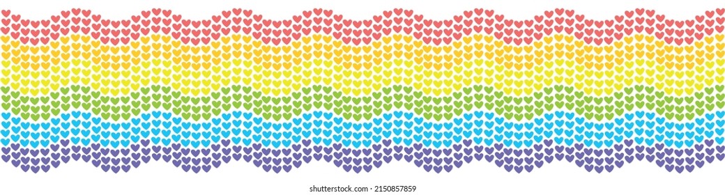 Vector bright backdrop in the form of Gay and LGBTQIA Pride Flag made of small multicolored rainbow hearts. Design texture, seamless pattern for fabric, banner, poster, wall. LGBT community concept