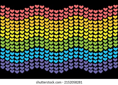 Vector bright backdrop in the form of Gay and LGBTQIA Pride Flag made of small multicolored rainbow hearts. Design texture, seamless pattern for fabric, banner, poster, wall. LGBT community concept