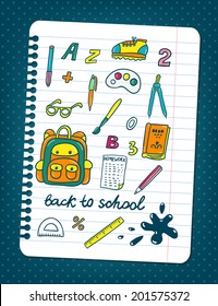 Vector bright background with school elements: backpack, ruler, book, sheet of paper, glasses, sneaker, pen, pencil, numbers, letters, compasses, protractor, brush,paints and text "back to school"