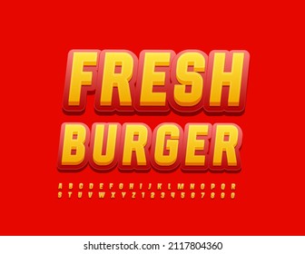 Señal de luz vectorial Fresh Burger. Tipo de letra de estilo moderno. Letras y números de alfabeto rojo y amarillo