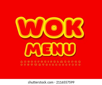 Menú de trabajo con placa de vector brillante. Juego de letras y números de alfabeto rojo y amarillo caliente. Tipo de letra creativo