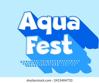 Vector bright banner Aqua Fest. Cartoon style Font with Big Blue Shadow. Bright cool Alphabet Letters and Numbers.