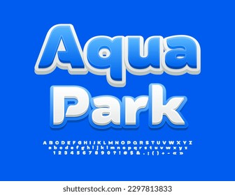 Banner brillante vectorial Aqua Park. Fuente luminosa blanca y azul. Letras y números de alfabeto creativos