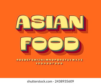 Vector bright banner Asian Food for Menu, Advertisement, Logos. Creative Alphabet Letters and Numbers set. 3D Unique Font.