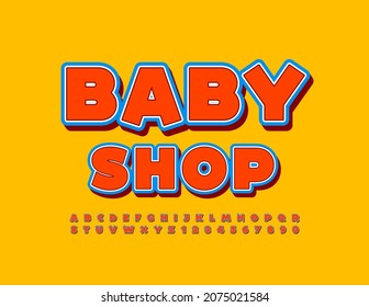 Banner de luz vectorial Baby Shop con letras y números de alfabeto lúdico. Tipo de letra Creative sticker