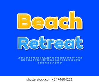 Vector bright banner Beach Retreat. Bright Creative Font.Blue Glossy Alphabet Letters and Numbers set.