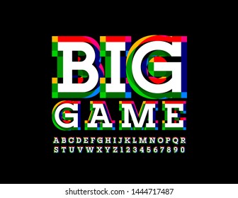 Banner brillante vectorial Big Game. Tipo de letra elegante en mayúsculas. Letras y números de alfabeto de colores creativos