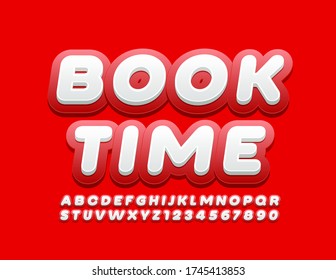 Banner brillante vectorial Tiempo de libro con fuente roja y blanca. Letras y números alfabetos modernos