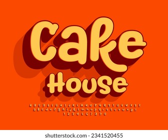 Vector bright banner Cake House. Funny handwritten 3D Font. Playful Alphabet Letters and Numbers set