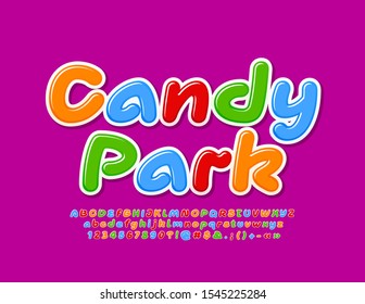 Vector bright banner Candy Park. Colorful Kids Font. Handwritten Alphabet Letters and Numbers