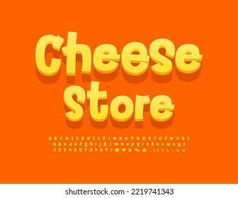 Vektorheller Banner Käse Store. Gelbe 3D Alphabet Buchstaben und Zahlen. Kreative handgeschriebene Schrift