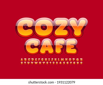 Vector bright banner Cozy Cafe. Glossy modern Font. Creative set of Alphabet Letters and Numbers