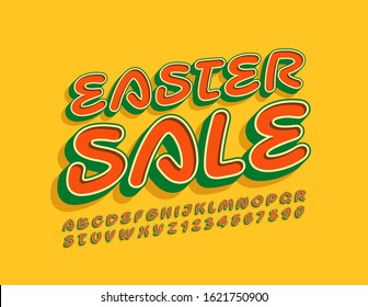 Vector bright Banner Easter Sale. Retro style Font. Colorful Alphabet Letters and Numbers.