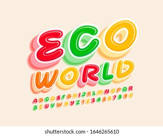 Vector bright banner Eco World with 3D glossy Font. Colorful Alphabet Letters and Numbers