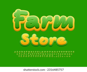 Vector bright banner Farm Store. Yellow and Green modern Font. Creative Alphabet Letters and Numbers