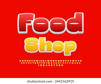 Vector bright banner Food Shop. Creative Yellow Font. Artistic Alphabet Letters and Numbers set.