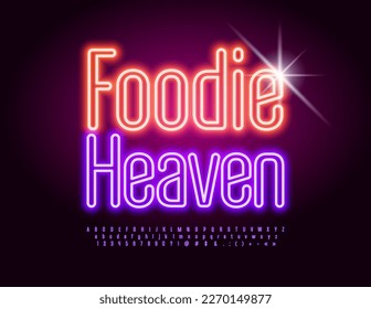 Vector bright banner Foodie Heaven with trendy Neon Font. Purple glowing Alphabet Letters, Numbers and Symbols set