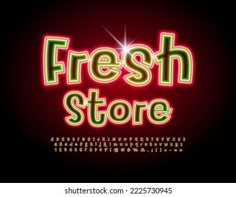 Vector bright banner Fresh Store. Funny neon Font. Colorful Glowing Alphabet Letters and Numbers set