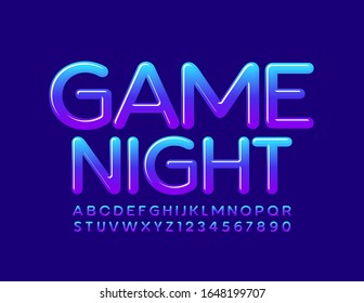 Vector bright banner Game Night with glossy Font. Gradient blue and violet Alphabet Letters and Numbers