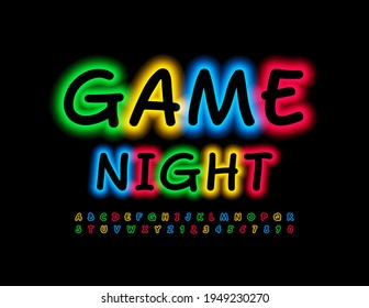 Vector bright banner Game Night. Creative glowing Font. Colorful Neon Alphabet Letters and Numbers set