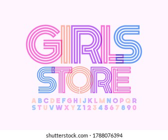 Vector bright banner Girls Store with Colorful creative Font. Abstract line trendy Alphabet Letters and Numbers