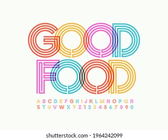 Vector bright banner Good Food. Maze creative Font. Colorful set of Alphabet Letters and Numbers