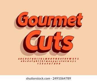 Vector bright banner Gourmet Cuts. Red 3D Font with Shadow. Creative Alphabet Letters and Numbers set.
