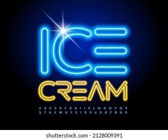 Vector bright Banner Ice Cream. Trendy Glowing Font. Neon Alphabet Letters and Numbers set.