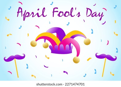 Vector bright banner for the international holiday April Fool's Day, a jester's hat and a funny mustache on the background of multi-colored hand-drawn confetti
