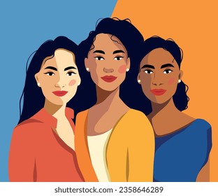 Vector bright banner for International Women's Day, women activists of different cultures and nationalities. Vector concept of movement for gender equality and women empowerment