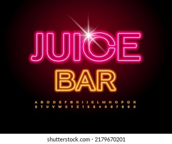Vektorhelle Banner Juice Bar. Kreative elektrische Schriftart. Neon Alphabet Buchstaben und Zahlen Set	