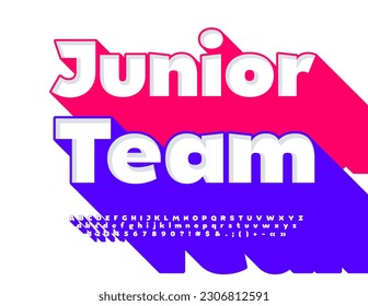 Vector bright Banner Junior Team. Modern 3D Font with big Shadow. Creative Alphabet Letters and Numbers set