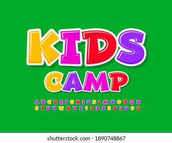 Vector Bright Banner Kids Camp. Colorful Funny Font. Playful Alphabet Letters And Numbers Set