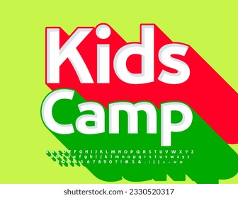 Vector bright banner Kids Camp. Green 3D Font. Unique set of Alphabet Letters, Numbers and Symbols with Big Shadow