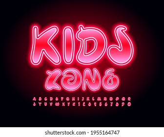 Vector bright banner Kids Zone. Handwritten Red Font. Glowing Alphabet Letters and Numbers set
