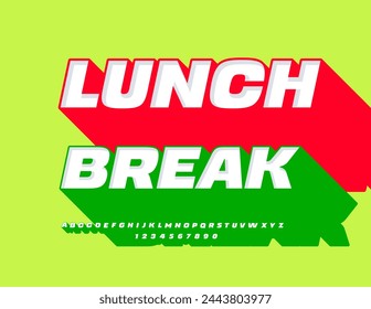 Vector bright banner Lunch Break. Creative 3D Font with Big Green Food. Modern Alphabet Letters and Numbers set.