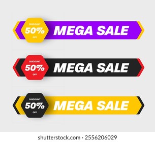 Vector bright banner for mega sale, 50% discount, colorful geometric price tag flyer illustration. Special offer poster template, sticker set for advertising, business promotion, marketing